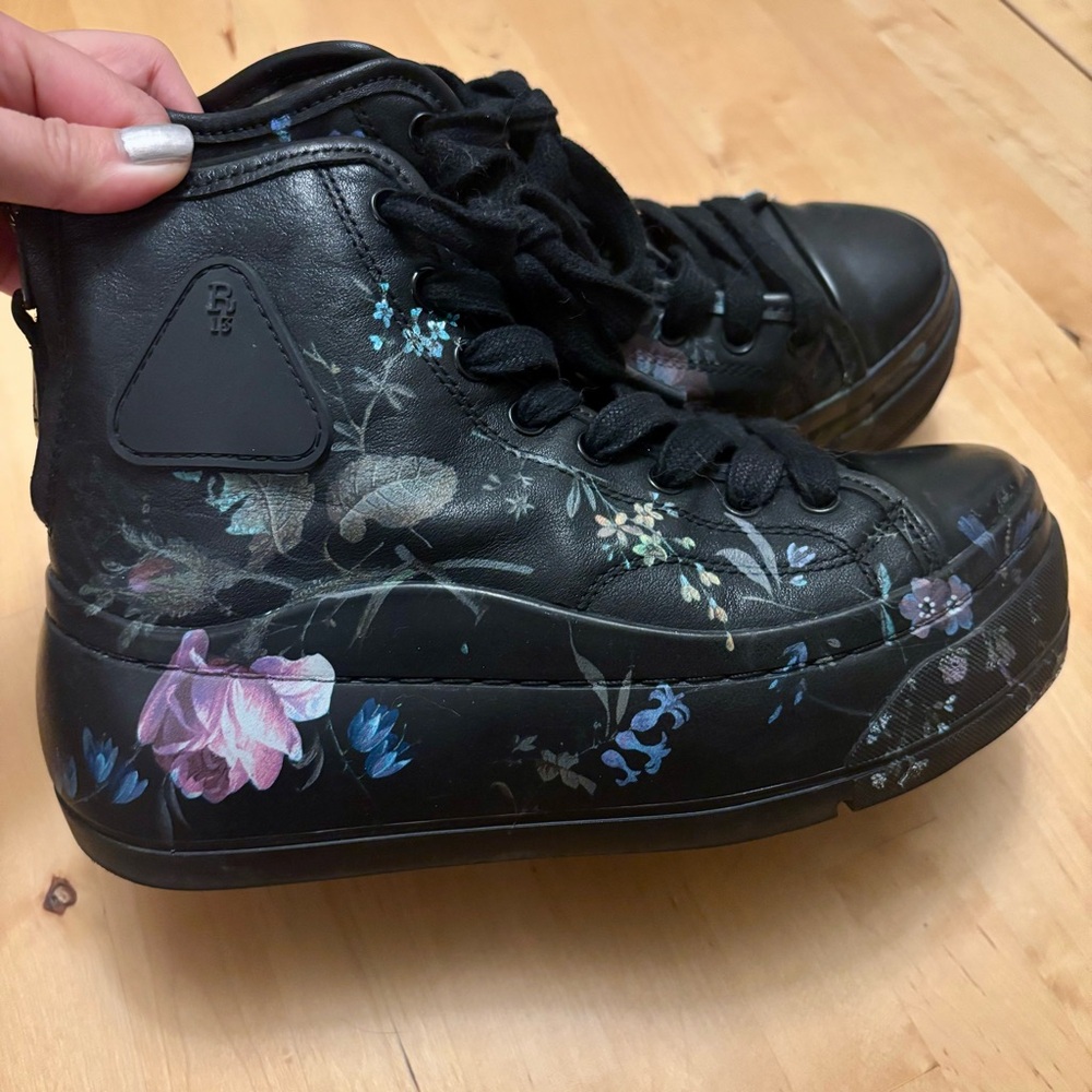 R13 Black Floral High-Top Platform Sneakers size 7 US / 37 EU